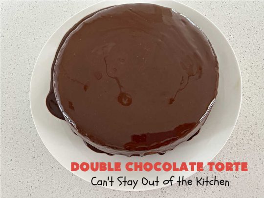 Double Chocolate Torte | Can't Stay Out of the Kitchen | #DoubleChocolateTorte is so rich & decadent, no one will believe it uses only 5 ingredients! The #recipe includes a #brownie box mix & has a #chocolate #ganache made from #ChocolateChips. #WhippedCream or #CoolWhip tops it off beautifully. Great #dessert for company, #holidays or potlucks. #ChocolateDessert #5IngredientRecipe #FiveIngredientDessert #ChocolateTorte