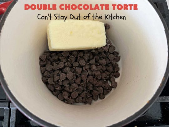 Double Chocolate Torte | Can't Stay Out of the Kitchen | #DoubleChocolateTorte is so rich & decadent, no one will believe it uses only 5 ingredients! The #recipe includes a #brownie box mix & has a #chocolate #ganache made from #ChocolateChips. #WhippedCream or #CoolWhip tops it off beautifully. Great #dessert for company, #holidays or potlucks. #ChocolateDessert #5IngredientRecipe #FiveIngredientDessert #ChocolateTorte