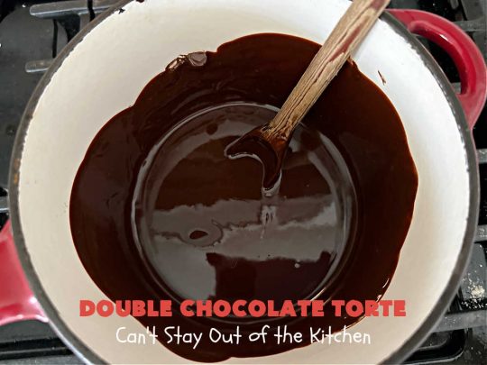 Double Chocolate Torte | Can't Stay Out of the Kitchen | #DoubleChocolateTorte is so rich & decadent, no one will believe it uses only 5 ingredients! The #recipe includes a #brownie box mix & has a #chocolate #ganache made from #ChocolateChips. #WhippedCream or #CoolWhip tops it off beautifully. Great #dessert for company, #holidays or potlucks. #ChocolateDessert #5IngredientRecipe #FiveIngredientDessert #ChocolateTorte