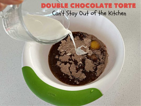 Double Chocolate Torte | Can't Stay Out of the Kitchen | #DoubleChocolateTorte is so rich & decadent, no one will believe it uses only 5 ingredients! The #recipe includes a #brownie box mix & has a #chocolate #ganache made from #ChocolateChips. #WhippedCream or #CoolWhip tops it off beautifully. Great #dessert for company, #holidays or potlucks. #ChocolateDessert #5IngredientRecipe #FiveIngredientDessert #ChocolateTorte