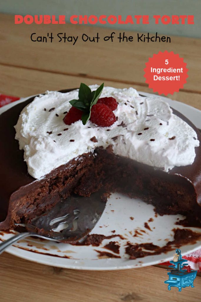 Double Chocolate Torte | Can't Stay Out of the Kitchen | #DoubleChocolateTorte is so rich & decadent, no one will believe it uses only 5 ingredients! The #recipe includes a #brownie box mix & has a #chocolate #ganache made from #ChocolateChips. #WhippedCream or #CoolWhip tops it off beautifully. Great #dessert for company, #holidays or potlucks. #ChocolateDessert #5IngredientRecipe #FiveIngredientDessert #ChocolateTorte