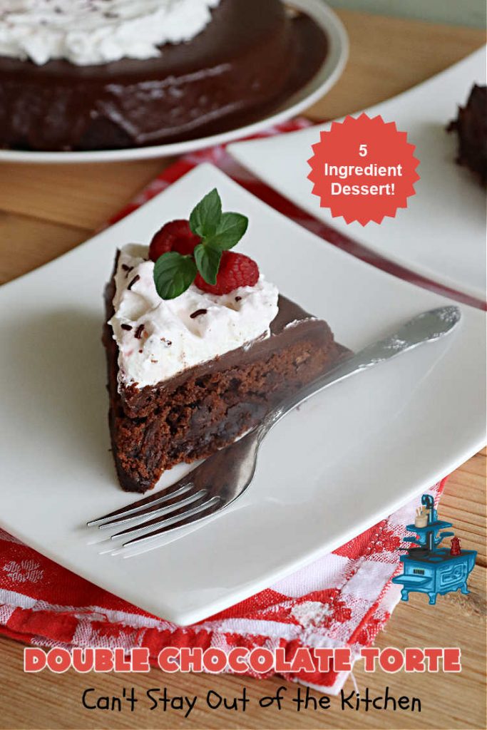 Double Chocolate Torte | Can't Stay Out of the Kitchen | #DoubleChocolateTorte is so rich & decadent, no one will believe it uses only 5 ingredients! The #recipe includes a #brownie box mix & has a #chocolate #ganache made from #ChocolateChips. #WhippedCream or #CoolWhip tops it off beautifully. Great #dessert for company, #holidays or potlucks. #ChocolateDessert #5IngredientRecipe #FiveIngredientDessert #ChocolateTorte