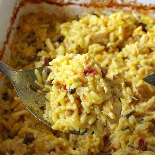 Easy Chicken and Yellow Rice | Can't Stay Out of the Kitchen | this easy 5-ingredient #chicken #casserole is fantastic. It's marvelous for weeknight dinners since it can be oven ready in 5 minutes! Our company loved this delicious main dish. #rice #YellowRice #mushrooms #EasyChickenAndYellowRice