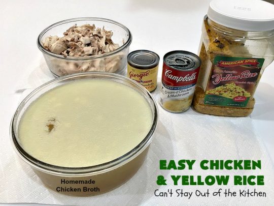 Easy Chicken and Yellow Rice | Can't Stay Out of the Kitchen | this easy 5-ingredient #chicken #casserole is fantastic. It's marvelous for weeknight dinners since it can be oven ready in 5 minutes! Our company loved this delicious main dish. #rice #YellowRice #mushrooms #EasyChickenAndYellowRice