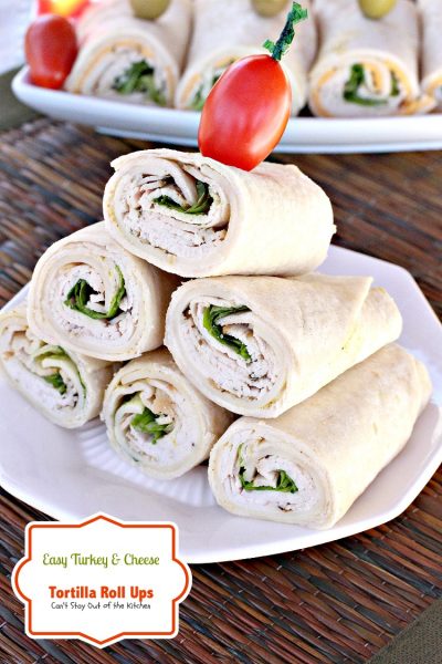 Easy Turkey and Cheese Tortilla Roll Ups | Can't Stay Out of the Kitchen | these wonderful #appetizers are great #SuperBowl or #tailgating fare. They're also great for #lunches and #snacks. #wraps #turkey #cheese
