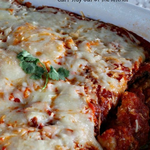 Eggplant Parmesan | Can't Stay Out of the Kitchen | this is my favorite #recipe for #EggplantParmesan. It's absolutely scrumptious & terrific for a side dish or as a main dish for #MeatlessMondays. It's gooey & cheesy from #Parmesan & #MozzarellaCheese. #Italian #ItalianMainDish #eggplant #BestEggplantParmesan