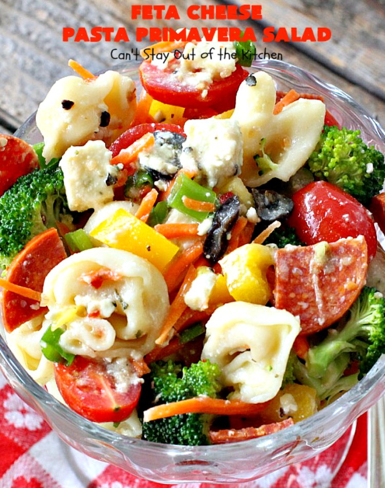 Feta Cheese Pasta Primavera Salad | Can't Stay Out of the Kitchen | this delightful #pasta #salad is great for #tailgating parties, potlucks or any backyard #BBQ. #tortellini #pepperoni #olives #broccoli #tomatoes