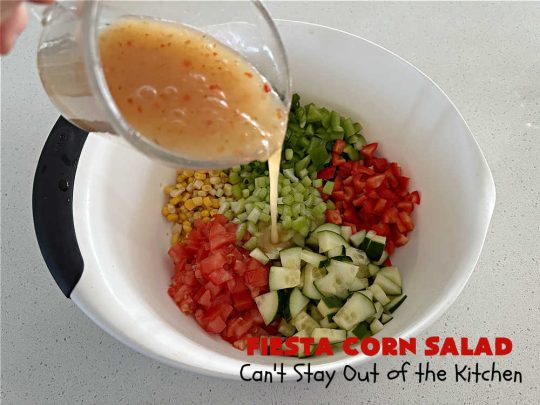 Fiesta Corn Salad | Can't Stay Out of the Kitchen | Enjoy this zesty #CornSalad for any #potluck, #BackyardBarbecue or when #grilling out with friends. It includes canned #corn, #tomatoes, #cucumber, #celery #BellPeppers & #Wishbone #LowFatItalianDressing. It's an easy-peasy #GlutenFree, #vegan #recipe that's terrific for hot, #summer days. #TexMex #salad #SideDish #FiestaCornSalad