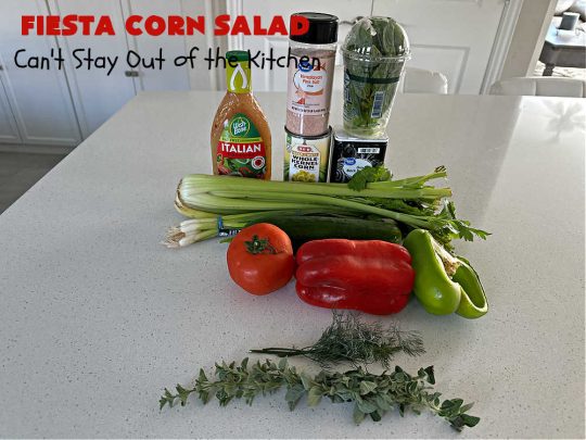Fiesta Corn Salad | Can't Stay Out of the Kitchen | Enjoy this zesty #CornSalad for any #potluck, #BackyardBarbecue or when #grilling out with friends. It includes canned #corn, #tomatoes, #cucumber, #celery #BellPeppers & #Wishbone #LowFatItalianDressing. It's an easy-peasy #GlutenFree, #vegan #recipe that's terrific for hot, #summer days. #TexMex #salad #SideDish #FiestaCornSalad