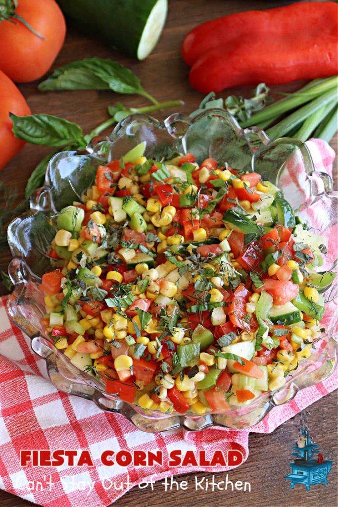 Fiesta Corn Salad | Can't Stay Out of the Kitchen | Enjoy this zesty #CornSalad for any #potluck, #BackyardBarbecue or when #grilling out with friends. It includes canned #corn, #tomatoes, #cucumber, #celery #BellPeppers & #Wishbone #LowFatItalianDressing. It's an easy-peasy #GlutenFree, #vegan #recipe that's terrific for hot, #summer days. #TexMex #salad #SideDish #FiestaCornSalad