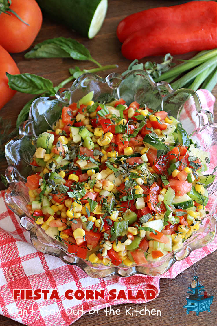 Fiesta Corn Salad | Can't Stay Out of the Kitchen | Enjoy this zesty #CornSalad for any #potluck, #BackyardBarbecue or when #grilling out with friends. It includes canned #corn, #tomatoes, #cucumber, #celery #BellPeppers & #Wishbone #LowFatItalianDressing. It's an easy-peasy #GlutenFree, #vegan #recipe that's terrific for hot, #summer days. #TexMex #salad #SideDish #FiestaCornSalad