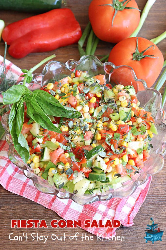 Fiesta Corn Salad | Can't Stay Out of the Kitchen | Enjoy this zesty #CornSalad for any #potluck, #BackyardBarbecue or when #grilling out with friends. It includes canned #corn, #tomatoes, #cucumber, #celery #BellPeppers & #Wishbone #LowFatItalianDressing. It's an easy-peasy #GlutenFree, #vegan #recipe that's terrific for hot, #summer days. #TexMex #salad #SideDish #FiestaCornSalad