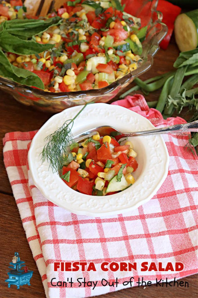 Fiesta Corn Salad | Can't Stay Out of the Kitchen | Enjoy this zesty #CornSalad for any #potluck, #BackyardBarbecue or when #grilling out with friends. It includes canned #corn, #tomatoes, #cucumber, #celery #BellPeppers & #Wishbone #LowFatItalianDressing. It's an easy-peasy #GlutenFree, #vegan #recipe that's terrific for hot, #summer days. #TexMex #salad #SideDish #FiestaCornSalad
