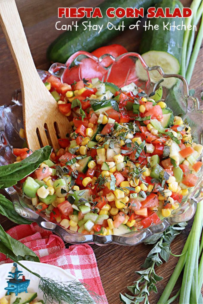 Fiesta Corn Salad | Can't Stay Out of the Kitchen | Enjoy this zesty #CornSalad for any #potluck, #BackyardBarbecue or when #grilling out with friends. It includes canned #corn, #tomatoes, #cucumber, #celery #BellPeppers & #Wishbone #LowFatItalianDressing. It's an easy-peasy #GlutenFree, #vegan #recipe that's terrific for hot, #summer days. #TexMex #salad #SideDish #FiestaCornSalad