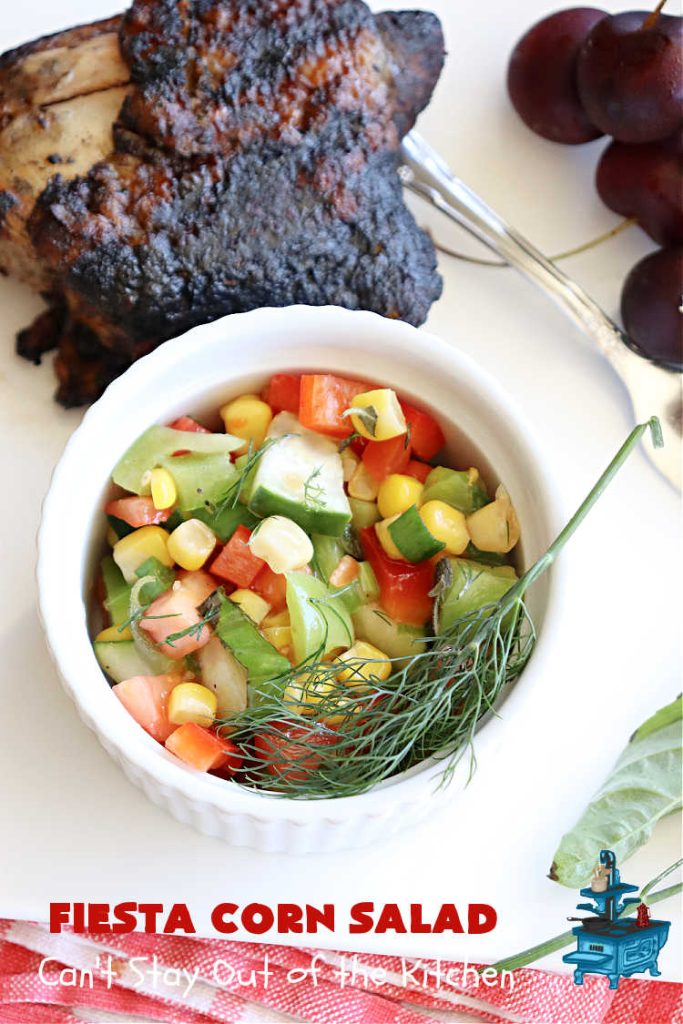 Fiesta Corn Salad | Can't Stay Out of the Kitchen | Enjoy this zesty #CornSalad for any #potluck, #BackyardBarbecue or when #grilling out with friends. It includes canned #corn, #tomatoes, #cucumber, #celery #BellPeppers & #Wishbone #LowFatItalianDressing. It's an easy-peasy #GlutenFree, #vegan #recipe that's terrific for hot, #summer days. #TexMex #salad #SideDish #FiestaCornSalad