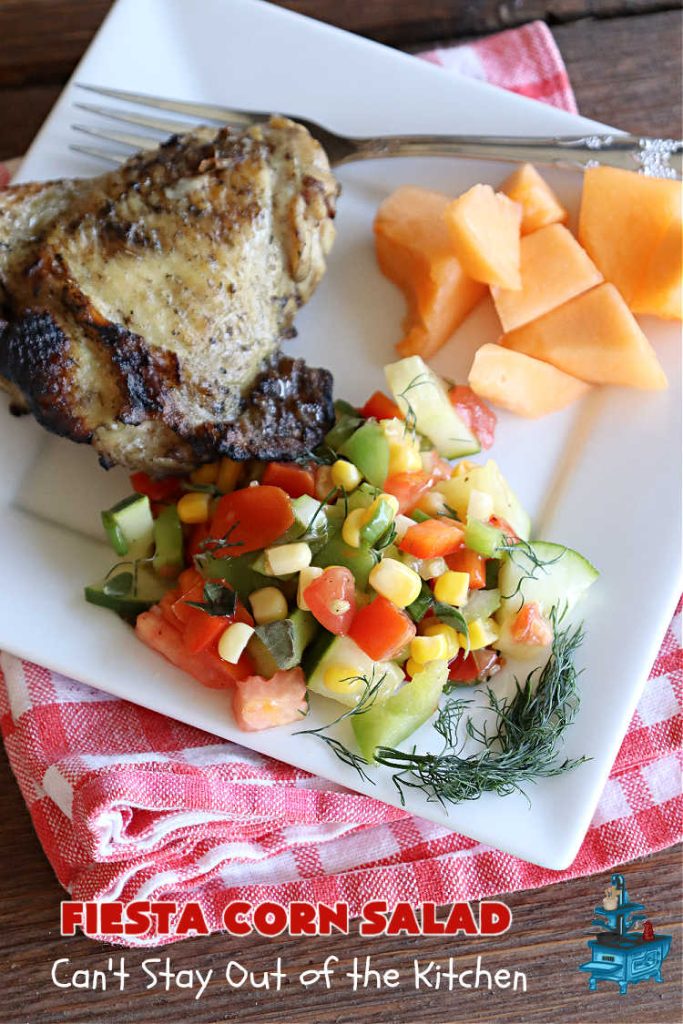 Fiesta Corn Salad | Can't Stay Out of the Kitchen | Enjoy this zesty #CornSalad for any #potluck, #BackyardBarbecue or when #grilling out with friends. It includes canned #corn, #tomatoes, #cucumber, #celery #BellPeppers & #Wishbone #LowFatItalianDressing. It's an easy-peasy #GlutenFree, #vegan #recipe that's terrific for hot, #summer days. #TexMex #salad #SideDish #FiestaCornSalad