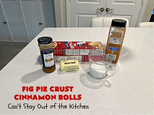 Fig Pie Crust Cinnamon Rolls | Can't Stay Out of the Kitchen | these outrageous #CinnamonRolls contain #FigPreserves & have such outstanding scrumptious flavor! These easy #RollUps use only #5Ingredients & can be quickly whipped up for any #breakfast or #brunch buffet. #holiday #fig #HolidayBreakfast #PieCrustCinnamonRolls #PieCrust #FigPieCrustCinnamonRolls