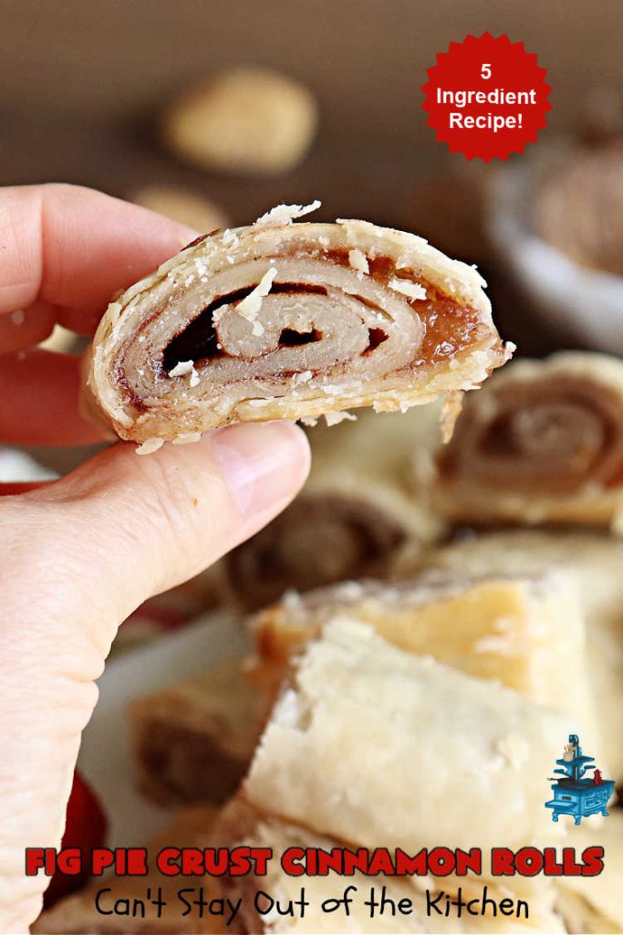 Fig Pie Crust Cinnamon Rolls | Can't Stay Out of the Kitchen | these outrageous #CinnamonRolls contain #FigPreserves & have such outstanding scrumptious flavor! These easy #RollUps use only #5Ingredients & can be quickly whipped up for any #breakfast or #brunch buffet. #holiday #fig #HolidayBreakfast #PieCrustCinnamonRolls #PieCrust #FigPieCrustCinnamonRolls