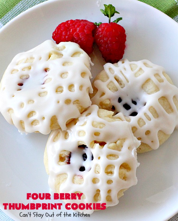 Four Berry Thumbprint Cookies | Can't Stay Out of the Kitchen | these fantastic #cookies are made with #raspberry, #cherry #blackberry & #strawberry jam. Perfect for any #holiday, potluck or family reunion. #dessert