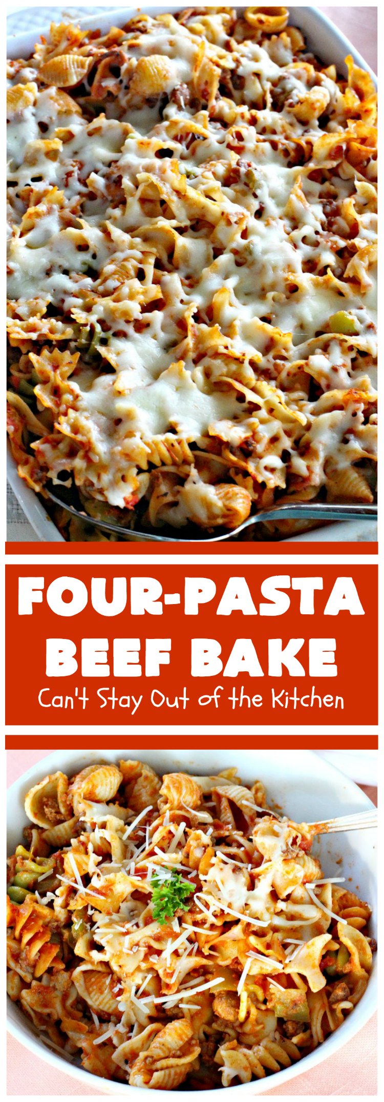 Four-Pasta Beef Bake | Can't Stay Out of the Kitchen | this quick & easy #Italian #pasta entree makes two casseroles. It's great for company or to provide a freezer meal to someone. #beef #groundbeef #cheese #mozzarellacheese #noodles #casserole