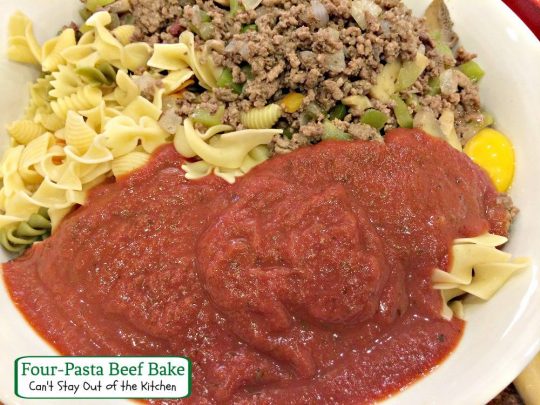 Four-Pasta Beef Bake | Can't Stay Out of the Kitchen | makes 2 large #casseroles. Great for a #freezermeal. #beef #pasta #cheese