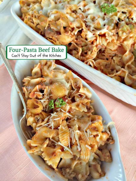 Four-Pasta Beef Bake | Can't Stay Out of the Kitchen | makes 2 large #casseroles. Great for a #freezermeal. #beef #pasta #cheese