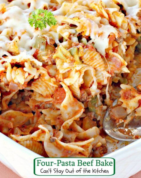 Four-Pasta Beef Bake | Can't Stay Out of the Kitchen | makes 2 large #casseroles. Great for a #freezermeal. #beef #pasta #cheese