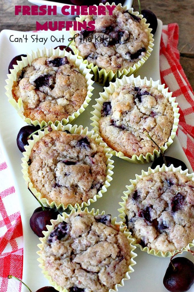 Fresh Cherry Muffins | Can't Stay Out of the Kitchen | these luscious #cherry #muffins are out of this world! They're terrific for a #holiday #breakfast. Every bite will have you drooling! #cherrymuffins #holidaybreakfast
