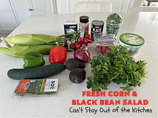 Fresh Corn and Black Bean Salad | Can't Stay Out of the Kitchen | this fantastic #CornSalad #recipe is chocked full of fresh #veggies. It has a simple #OliveOil & #BalsamicVinegar #SaladDressing. This sensational #salad is a real winner & perfect for #summer #potlucks, #picnics, #FamilyReunions or #BackyardBarbecues. #Healthy, #LowCalorie & #GlutenFree. #corn #BlackBeans #tomatoes, #cucumber #BellPeppers #avocados #FetaCheese #FreshCornAndBlackBeanSalad