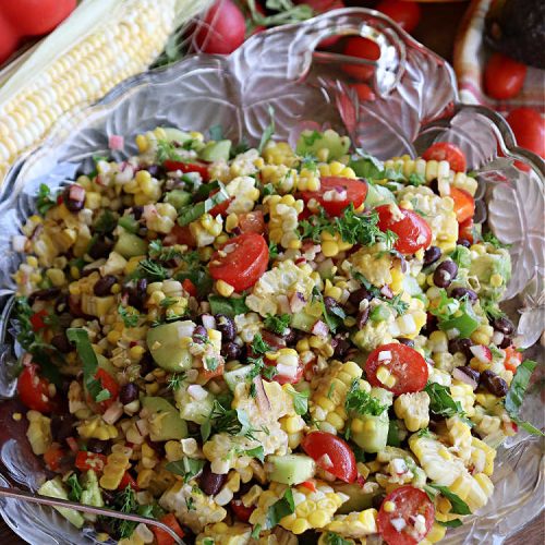 Fresh Corn and Black Bean Salad | Can't Stay Out of the Kitchen | this fantastic #CornSalad #recipe is chocked full of fresh #veggies. It has a simple #OliveOil & #BalsamicVinegar #SaladDressing. This sensational #salad is a real winner & perfect for #summer #potlucks, #picnics, #FamilyReunions or #BackyardBarbecues. #Healthy, #LowCalorie & #GlutenFree. #corn #BlackBeans #tomatoes, #cucumber #BellPeppers #avocados #FetaCheese #FreshCornAndBlackBeanSalad