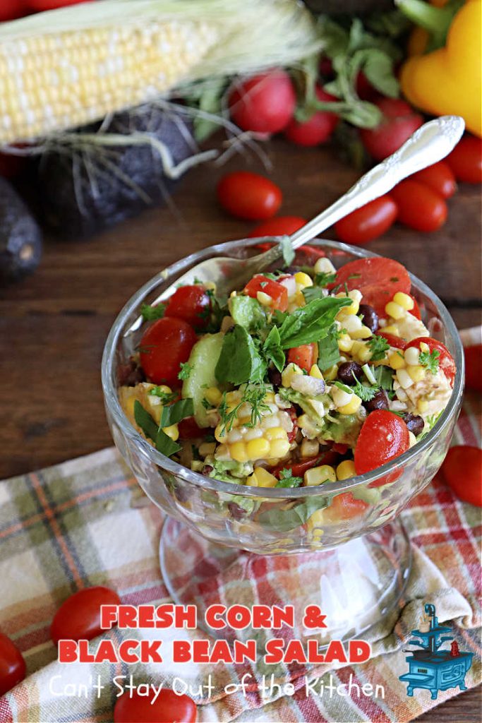 Fresh Corn and Black Bean Salad | Can't Stay Out of the Kitchen | this fantastic #CornSalad #recipe is chocked full of fresh #veggies. It has a simple #OliveOil & #BalsamicVinegar #SaladDressing. This sensational #salad is a real winner & perfect for #summer #potlucks, #picnics, #FamilyReunions or #BackyardBarbecues. #Healthy, #LowCalorie & #GlutenFree. #corn #BlackBeans #tomatoes, #cucumber #BellPeppers #avocados #FetaCheese #FreshCornAndBlackBeanSalad