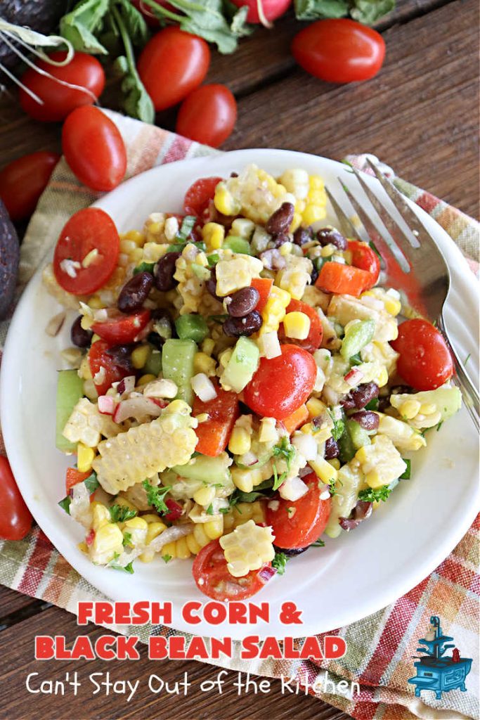 Fresh Corn and Black Bean Salad | Can't Stay Out of the Kitchen | this fantastic #CornSalad #recipe is chocked full of fresh #veggies. It has a simple #OliveOil & #BalsamicVinegar #SaladDressing. This sensational #salad is a real winner & perfect for #summer #potlucks, #picnics, #FamilyReunions or #BackyardBarbecues. #Healthy, #LowCalorie & #GlutenFree. #corn #BlackBeans #tomatoes, #cucumber #BellPeppers #avocados #FetaCheese #FreshCornAndBlackBeanSalad