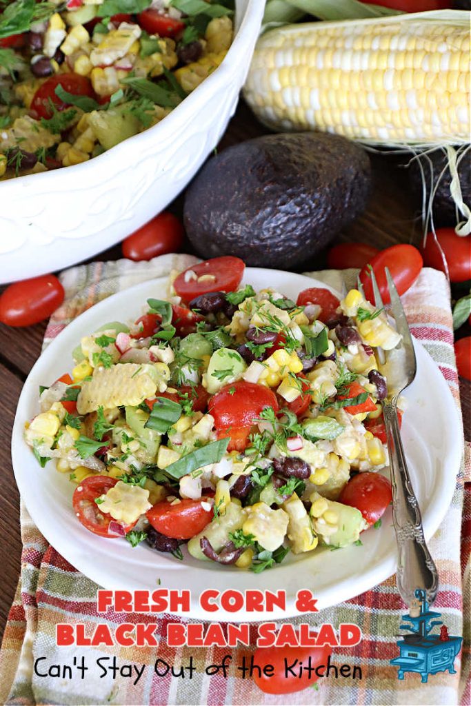 Fresh Corn and Black Bean Salad | Can't Stay Out of the Kitchen | this fantastic #CornSalad #recipe is chocked full of fresh #veggies. It has a simple #OliveOil & #BalsamicVinegar #SaladDressing. This sensational #salad is a real winner & perfect for #summer #potlucks, #picnics, #FamilyReunions or #BackyardBarbecues. #Healthy, #LowCalorie & #GlutenFree. #corn #BlackBeans #tomatoes, #cucumber #BellPeppers #avocados #FetaCheese #FreshCornAndBlackBeanSalad