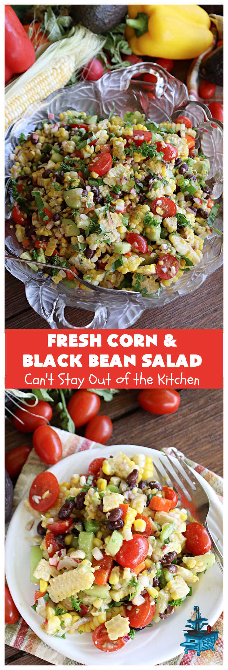 Fresh Corn and Black Bean Salad | Can't Stay Out of the Kitchen | this fantastic #CornSalad #recipe is chocked full of fresh #veggies. It has a simple #OliveOil & #BalsamicVinegar #SaladDressing. This sensational #salad is a real winner & perfect for #summer #potlucks, #picnics, #FamilyReunions or #BackyardBarbecues. #Healthy, #LowCalorie & #GlutenFree. #corn #BlackBeans #tomatoes, #cucumber #BellPeppers #avocados #FetaCheese #FreshCornAndBlackBeanSalad