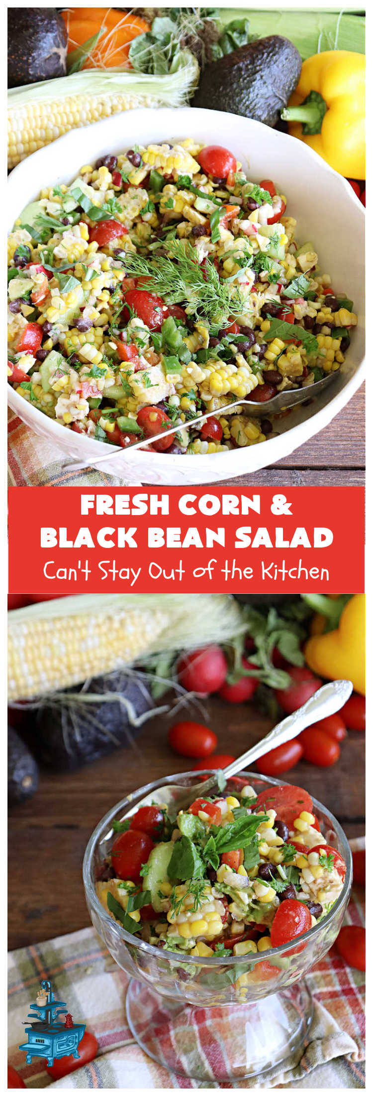 Fresh Corn and Black Bean Salad | Can't Stay Out of the Kitchen | this fantastic #CornSalad #recipe is chocked full of fresh #veggies. It has a simple #OliveOil & #BalsamicVinegar #SaladDressing. This sensational #salad is a real winner & perfect for #summer #potlucks, #picnics, #FamilyReunions or #BackyardBarbecues. #Healthy, #LowCalorie & #GlutenFree. #corn #BlackBeans #tomatoes, #cucumber #BellPeppers #avocados #FetaCheese #FreshCornAndBlackBeanSalad