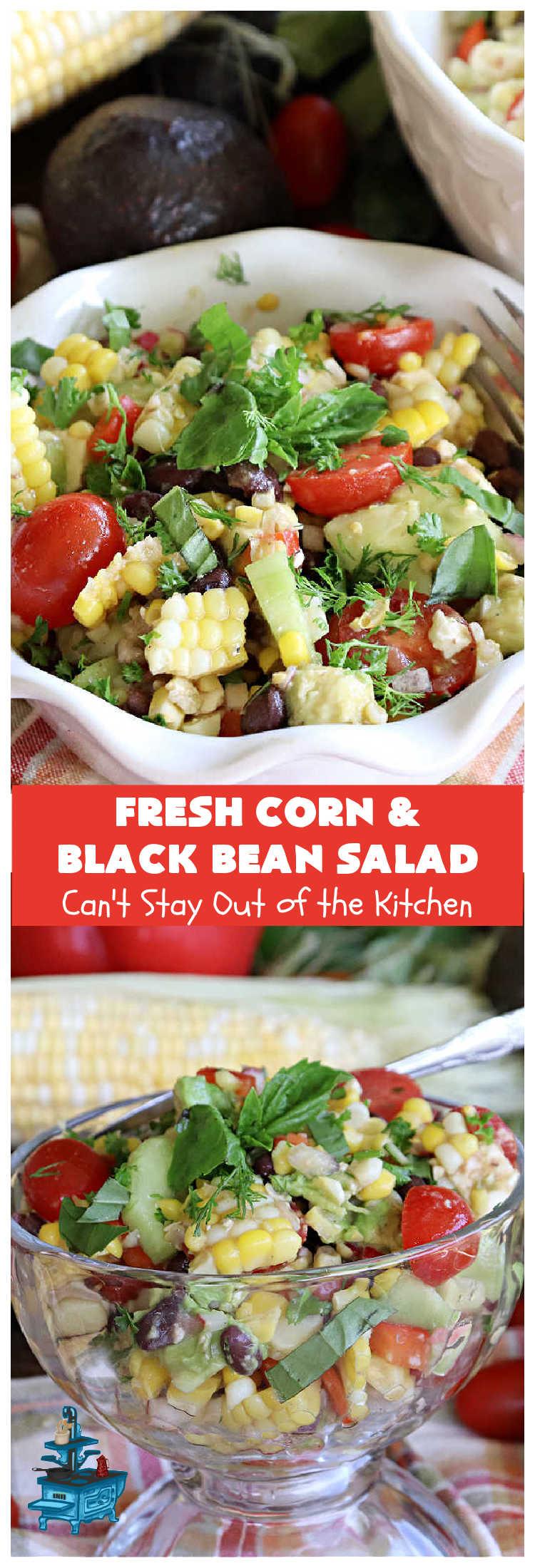 Fresh Corn and Black Bean Salad | Can't Stay Out of the Kitchen | this fantastic #CornSalad #recipe is chocked full of fresh #veggies. It has a simple #OliveOil & #BalsamicVinegar #SaladDressing. This sensational #salad is a real winner & perfect for #summer #potlucks, #picnics, #FamilyReunions or #BackyardBarbecues. #Healthy, #LowCalorie & #GlutenFree. #corn #BlackBeans #tomatoes, #cucumber #BellPeppers #avocados #FetaCheese #FreshCornAndBlackBeanSalad