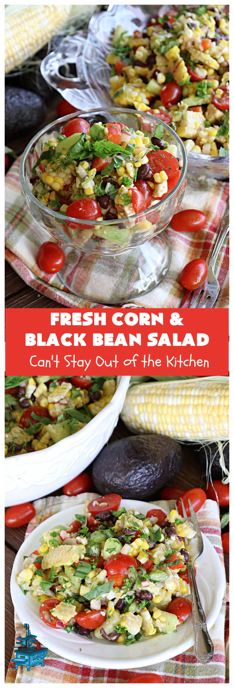 Fresh Corn and Black Bean Salad | Can't Stay Out of the Kitchen | this fantastic #CornSalad #recipe is chocked full of fresh #veggies. It has a simple #OliveOil & #BalsamicVinegar #SaladDressing. This sensational #salad is a real winner & perfect for #summer #potlucks, #picnics, #FamilyReunions or #BackyardBarbecues. #Healthy, #LowCalorie & #GlutenFree. #corn #BlackBeans #tomatoes, #cucumber #BellPeppers #avocados #FetaCheese #FreshCornAndBlackBeanSalad