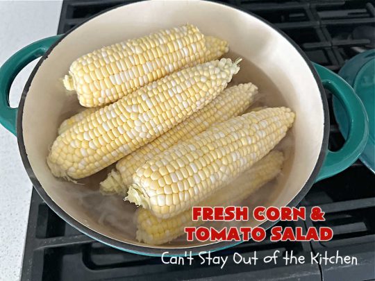 Fresh Corn and Tomato Salad | Can't Stay Out of the Kitchen | this is a delightful #summer #salad #recipe using fresh #CornOnTheCob, #tomatoes & #BellPeppers. The homemade #SaladDressing is easy to whip up and seasons the #salad perfectly. Excellent option for #picnics, #BackyardBarbecues, #FamilyReunions or #potlucks since it can be made in advance. #vegan #GlutenFree #basil #CornSalad #parsley #FreshCornAndTomatoSalad