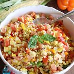 Fresh Corn and Tomato Salad | Can't Stay Out of the Kitchen | this is a delightful #summer #salad #recipe using fresh #CornOnTheCob, #tomatoes & #BellPeppers. The homemade #SaladDressing is easy to whip up and seasons the #salad perfectly. Excellent option for #picnics, #BackyardBarbecues, #FamilyReunions or #potlucks since it can be made in advance. #vegan #GlutenFree #basil #CornSalad #parsley #FreshCornAndTomatoSalad