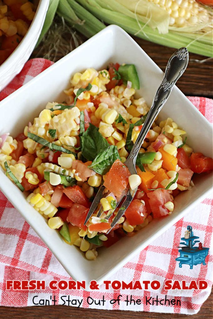 Fresh Corn and Tomato Salad | Can't Stay Out of the Kitchen | this is a delightful #summer #salad #recipe using fresh #CornOnTheCob, #tomatoes & #BellPeppers. The homemade #SaladDressing is easy to whip up and seasons the #salad perfectly. Excellent option for #picnics, #BackyardBarbecues, #FamilyReunions or #potlucks since it can be made in advance. #vegan #GlutenFree #basil #CornSalad #parsley #FreshCornAndTomatoSalad