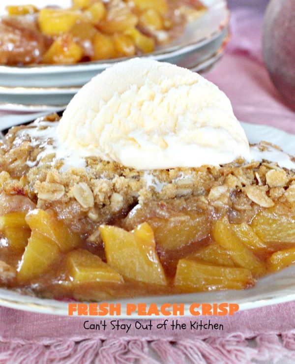 Fresh Peach Crisp | Can't Stay Out of the Kitchen | this amazing #dessert is filled with fresh #peaches & topped with a brown sugar-streusel topping. Recipe is both #glutenfree & #vegan.