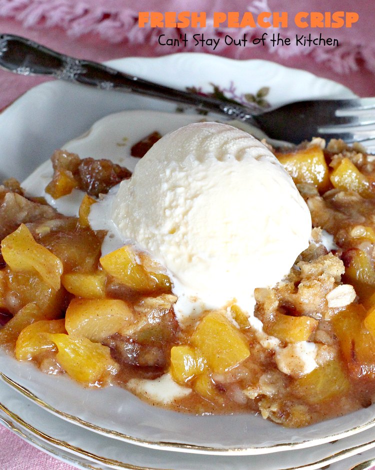 Fresh Peach Crisp | Can't Stay Out of the Kitchen | this amazing #dessert is filled with fresh #peaches & topped with a brown sugar-streusel topping. Recipe is both #glutenfree & #vegan. 