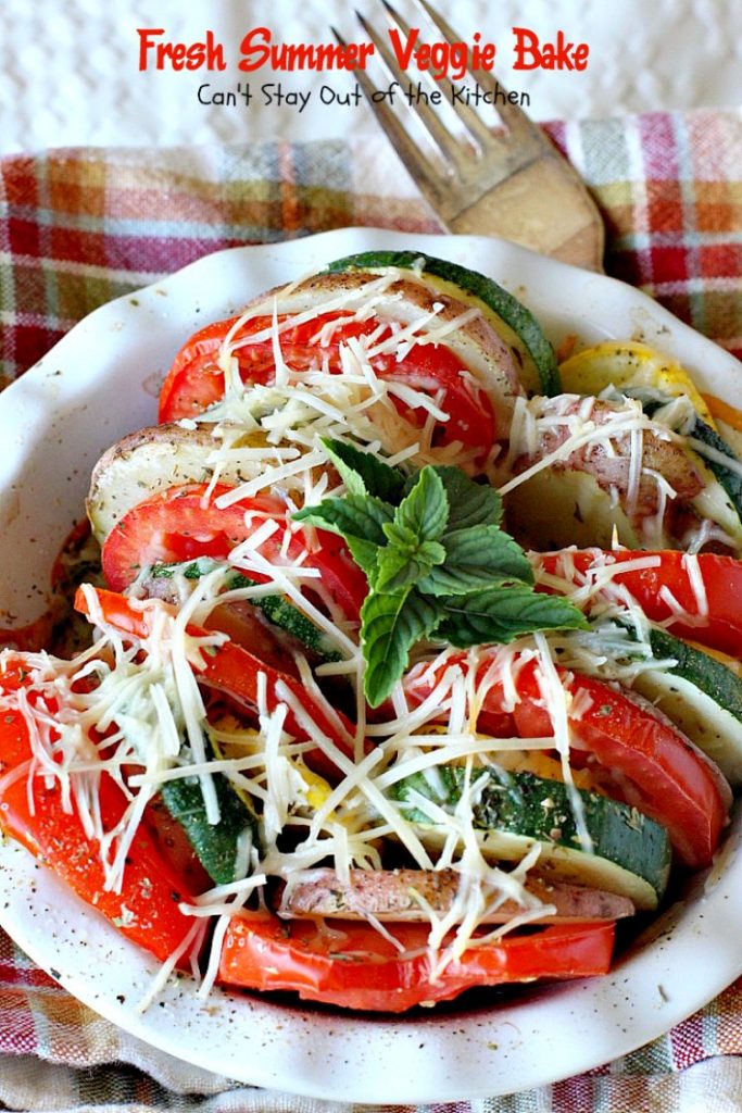 Fresh Summer Veggie Bake | Can't Stay Out of the Kitchen | this delicious #vegetable Tian is incredibly tasty & easy to make. It's also healthy, low calorie & #glutenfree. #zucchini #tomatoes #parmesancheese