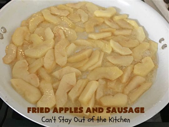 Fried Apples and Sausage | Can't Stay Out of the Kitchen | This delightful #breakfast entree uses only 4 ingredients. It's so easy to whip up & everyone enjoys the miniature #sausage balls. This #recipe makes its own syrup while cooking. Delicious for a weekend, company or #holiday breakfast. #pork #GlutenFree #HolidayBreakfast #FriedApplesAndSausage