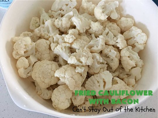 Fried Cauliflower with Bacon | Can't Stay Out of the Kitchen | this quick & easy 4-ingredient #recipe is a great #SideDish for family, company or even #holiday dinners. It tastes amazing & pairs wonderfully with just about any entree. This #GlutenFree dish is a great way to get your kids to eat their #veggies! #bacon #pork #cauliflower #TonysCreoleSeasoning #FriedCauliflowerWithBaconFried Cauliflower with Bacon | Can't Stay Out of the Kitchen | this quick & easy 4-ingredient #recipe is a great #SideDish for family, company or even #holiday dinners. It tastes amazing & pairs wonderfully with just about any entree. This #GlutenFree dish is a great way to get your kids to eat their #veggies! #bacon #pork #cauliflower #TonysCreoleSeasoning #FriedCauliflowerWithBacon