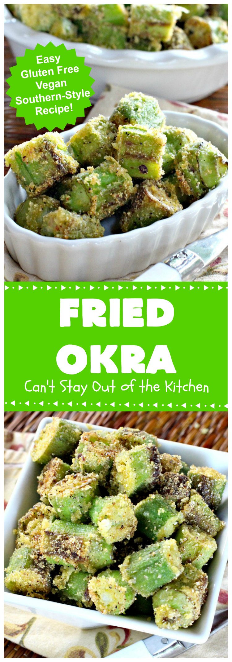Fried Okra | Can't Stay Out of the Kitchen | this fantastic #Southern-style indulgence is a terrific side dish for steak, chicken or pork chops. This pan-fried version is #Vegan, #GlutenFree & incredibly easy. #FriedOkra #SideDish