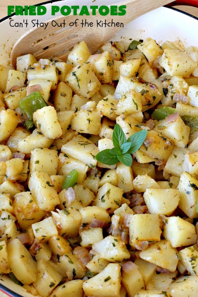 Fried Potatoes | Can't Stay Out of the Kitchen | everyone loves my Grandma's old-fashioned #recipe for #FriedPotatoes. While these #potatoes are great as a #SideDish, we usually serve them for #Breakfast. Wake your family up with this side dish for #Thanksgiving or #Christmas morning and everyone will be licking their chops. Amazing comfort food. #GlutenFree