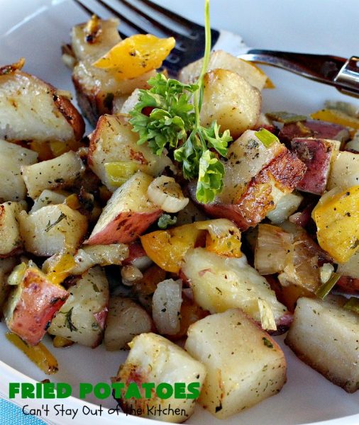 Fried Potatoes | Can't Stay Out of the Kitchen | these delicious #potatoes are sumptuous & mouthwatering. Based on my Grandma's #recipe, they're perfect to serve for a weekend, company or #holiday #breakfast. They're also great as a side dish with any kind of meat. #GlutenFree #FriedPotatoes #FathersDay #FathersDayBreakfast #HolidayBreakfast