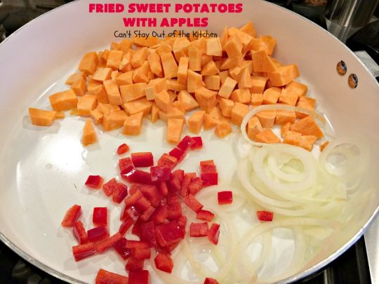 Fried Sweet Potatoes with Apples | Can't Stay Out of the Kitchen | Wake your family up to this scrumptious #breakfast entree for #Christmas & other #holidays! The flavors are savory, mouthwatering & irresistible. Perfect comfort food & it's #healthy, #GlutenFree #Vegan & #CleanEating. #SweetPotatoes #Apples #Holiday #FriedSweetPotatoesWithApples #brunch #HolidaySideDish #HolidayBreakfast