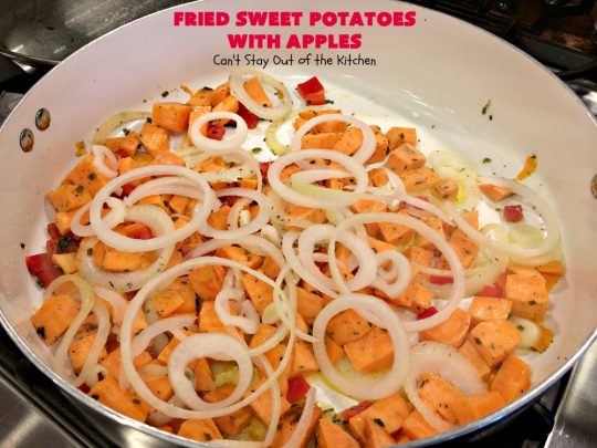 Fried Sweet Potatoes with Apples | Can't Stay Out of the Kitchen | Wake your family up to this scrumptious #breakfast entree for #Christmas & other #holidays! The flavors are savory, mouthwatering & irresistible. Perfect comfort food & it's #healthy, #GlutenFree #Vegan & #CleanEating. #SweetPotatoes #Apples #Holiday #FriedSweetPotatoesWithApples #brunch #HolidaySideDish #HolidayBreakfast